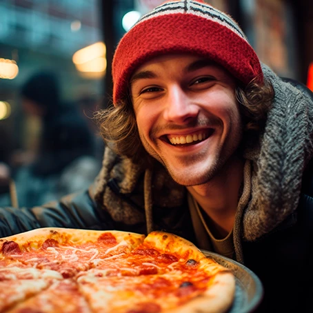 medium shot man with delicious pizza