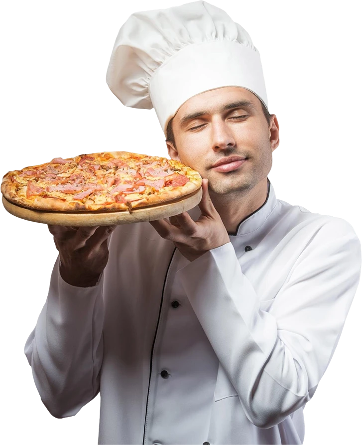 portrait chef with closed eyes smelling pizza